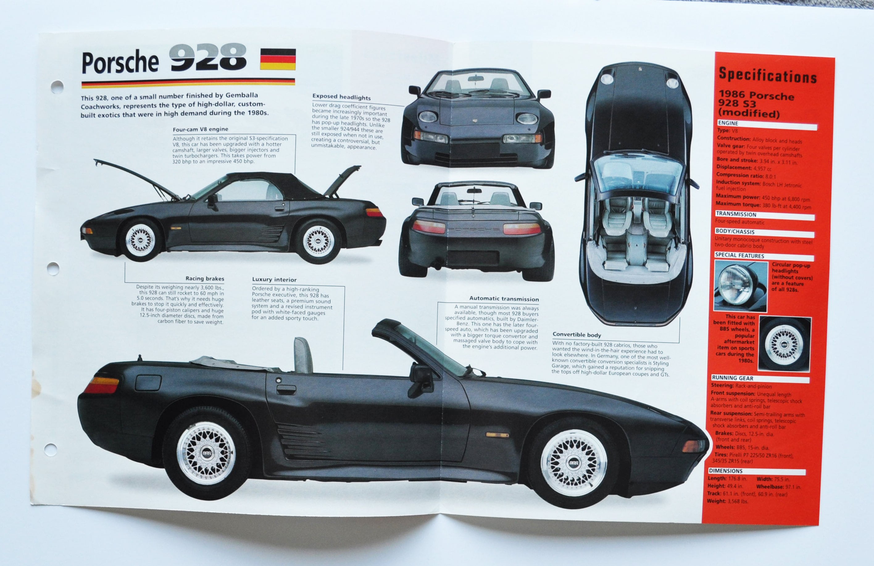 Spec Sheet Porsche 928 (1986) (car Photo Stat Info Specs Brochure 