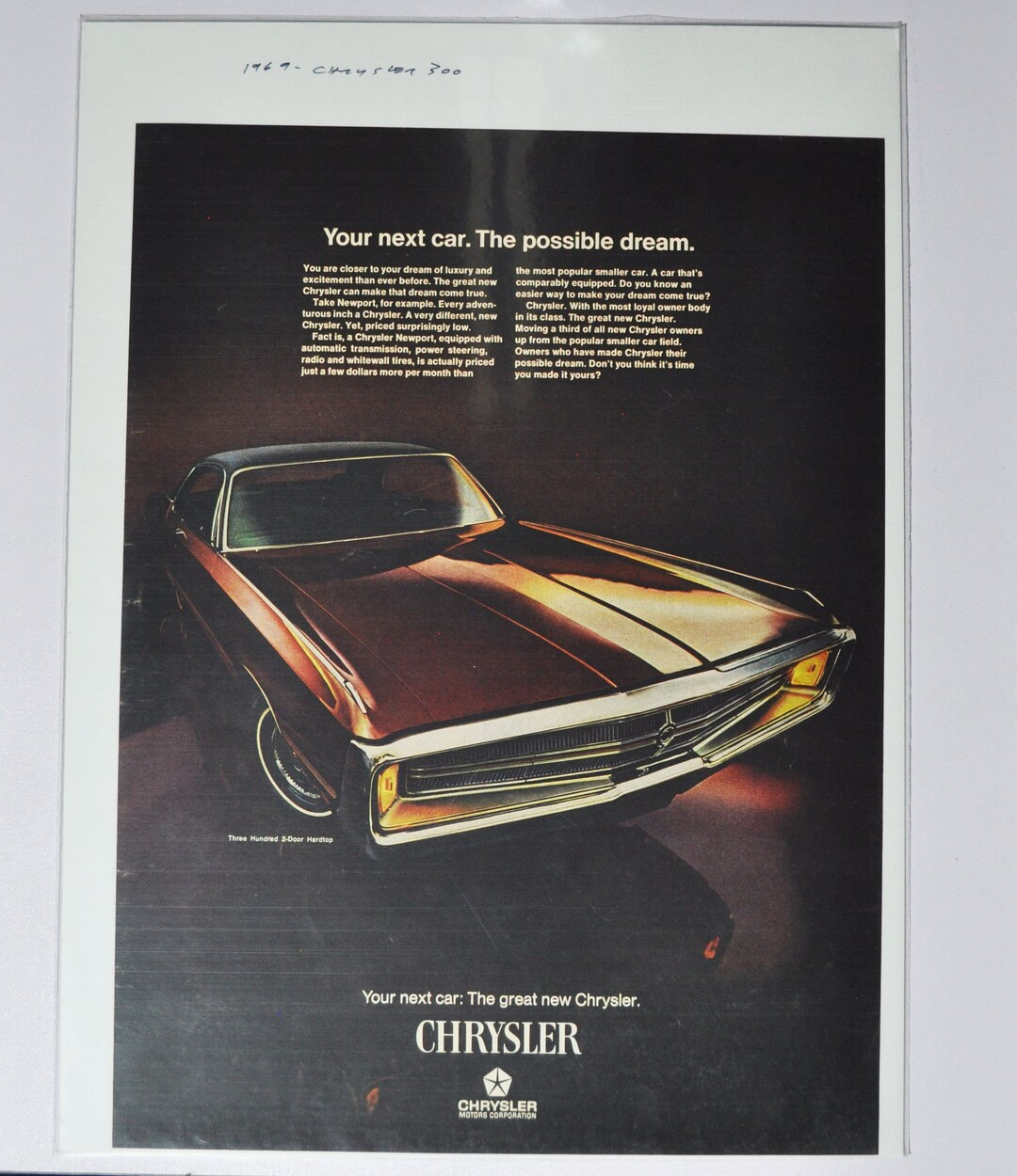 Large Car Ad 1969 Chrysler 300 2door Hardtop (motor Company Classic