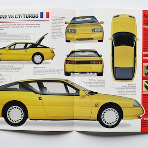 Hoja de especificaciones Renault Alpine V6 GT/Turbo (1985-1990) (foto del coche stat info especificaciones folleto piezas ad vintage auto france automóvil SA Paris auto)