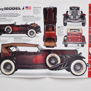 May include: An open magazine spread featuring a maroon 1929 Duesenberg Model J car. The car has white-walled tires, a tan convertible top, and chrome accents. The page includes text and diagrams detailing the car's features and specifications.