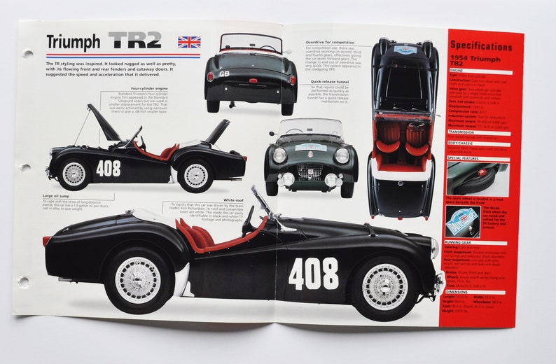 Puede incluir: Un coche deportivo Triumph TR2 negro y blanco de 1954 con el n&uacute;mero 408 en el lateral. El coche se muestra desde varios &aacute;ngulos, incluyendo una vista lateral, una vista frontal y una vista trasera. El coche tiene un techo blanco y un interior rojo.