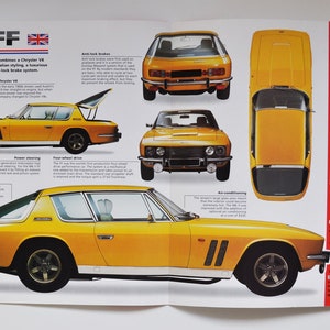 Folha de especificações Jensen FF (1968-1971) (foto do carro, informações sobre especificações, folheto de peças, anúncio antigo, impressão vintage, corrida, auto inglaterra, west bromwich, grã-bretanha)