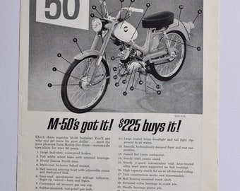 Motorcykelannons 1965 Harley-Davidson M-50 (motorcykelföretag klassisk gammal foto originalannons återförsäljare tryckt motorcykel moped)