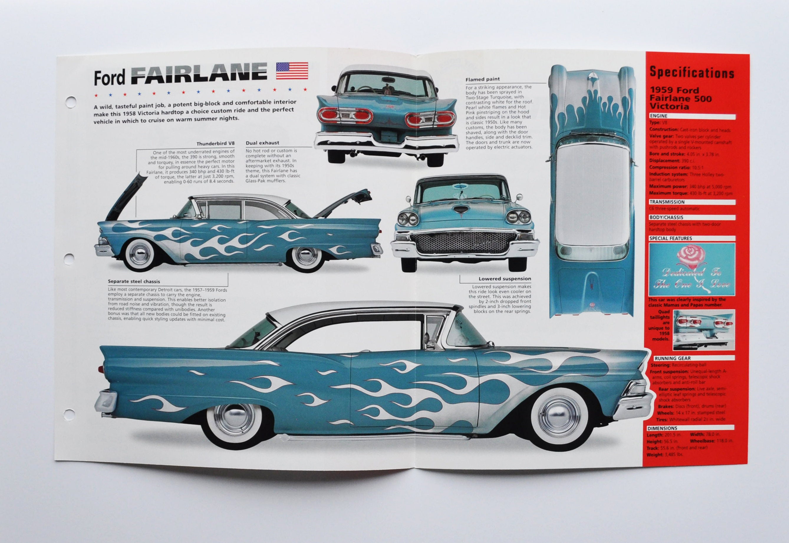 Spec Sheet Ford Fairlane (1958) (car Photo Stat Motor Info Specs