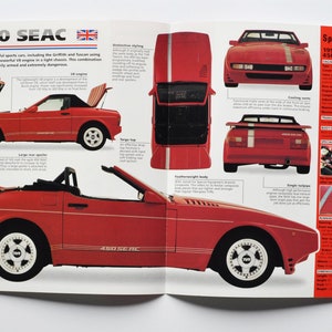 May include: A magazine spread featuring a red 1991 TVR 450 SEAC sports car. The page includes multiple views of the car, including top, side, and rear profiles, along with specifications and details about the vehicle's features.