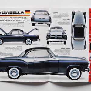 Fiche technique Borgward Isabella (1954-1961) (photo de voiture, informations sur les statistiques, spécifications, brochure, pièces imprimées, vintage, sport classique, rapide, auto, allemand, Brême)