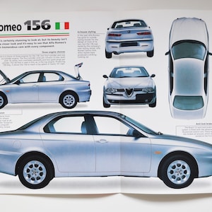 Fiche technique Alfa Romeo 156 (1997-PRÉSENT) (photo de voiture stat info brochure spécifications pièces ad print old vintage dealer race sports italy milan auto)