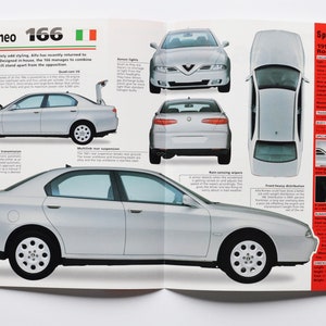 Könnte beinhalten: Ein silberner Alfa Romeo 166 V6 von 1998 wird aus verschiedenen Perspektiven gezeigt, einschließlich Seiten-, Front-, Heck- und Draufsicht. Motorhaube und Kofferraum sind in einigen Ansichten geöffnet. Spezifikationen auf rotem Hintergrund.