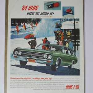 Grote autoadvertentie 1964 Oldsmobile F-85 (GM General Motors klassieke oude fotoadvertentie onderdelen gedrukte brochure olds auto raketactie Cutlass)