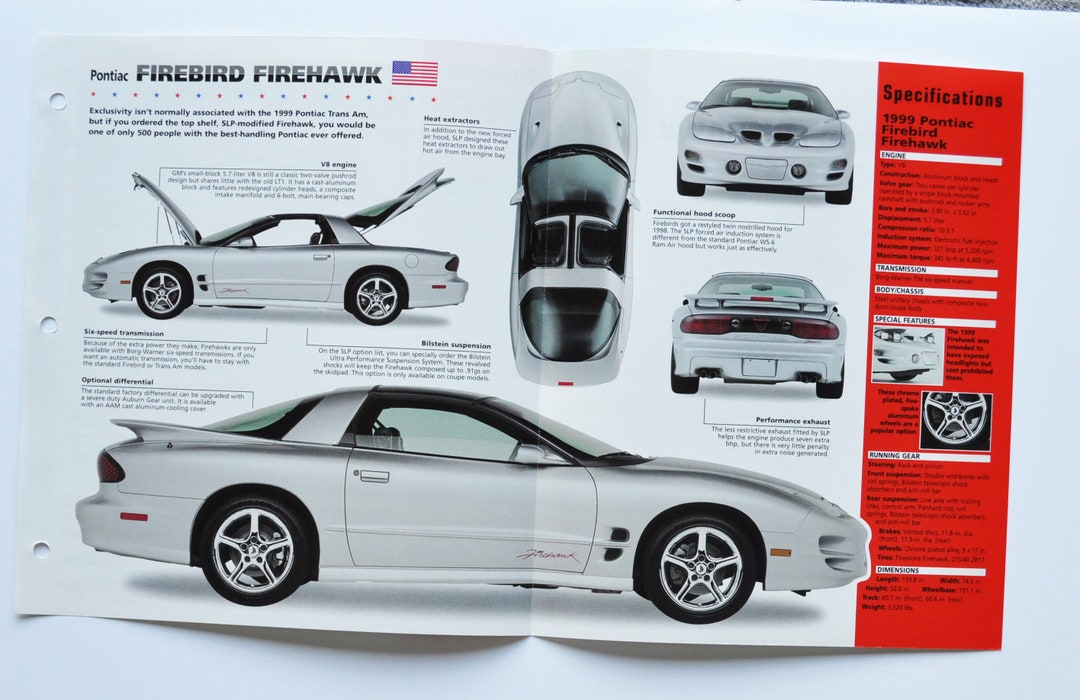 Spec Sheet Pontiac Firebird Firehawk 1999 car Photo Stat Info Print