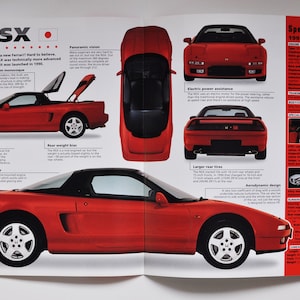 Puede incluir: Una página doble que presenta un coche deportivo Acura NSX rojo de 1993. La imagen muestra el coche desde múltiples ángulos, incluyendo vista superior, frontal y trasera, junto con especificaciones y detalles.