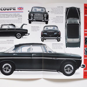 Folha de especificações Rover P5B Coupe (1967-1973) (foto do carro, informações sobre especificações, folheto de peças, anúncio antigo, impressão vintage, corrida, auto, inglaterra, solihull, grã-bretanha)