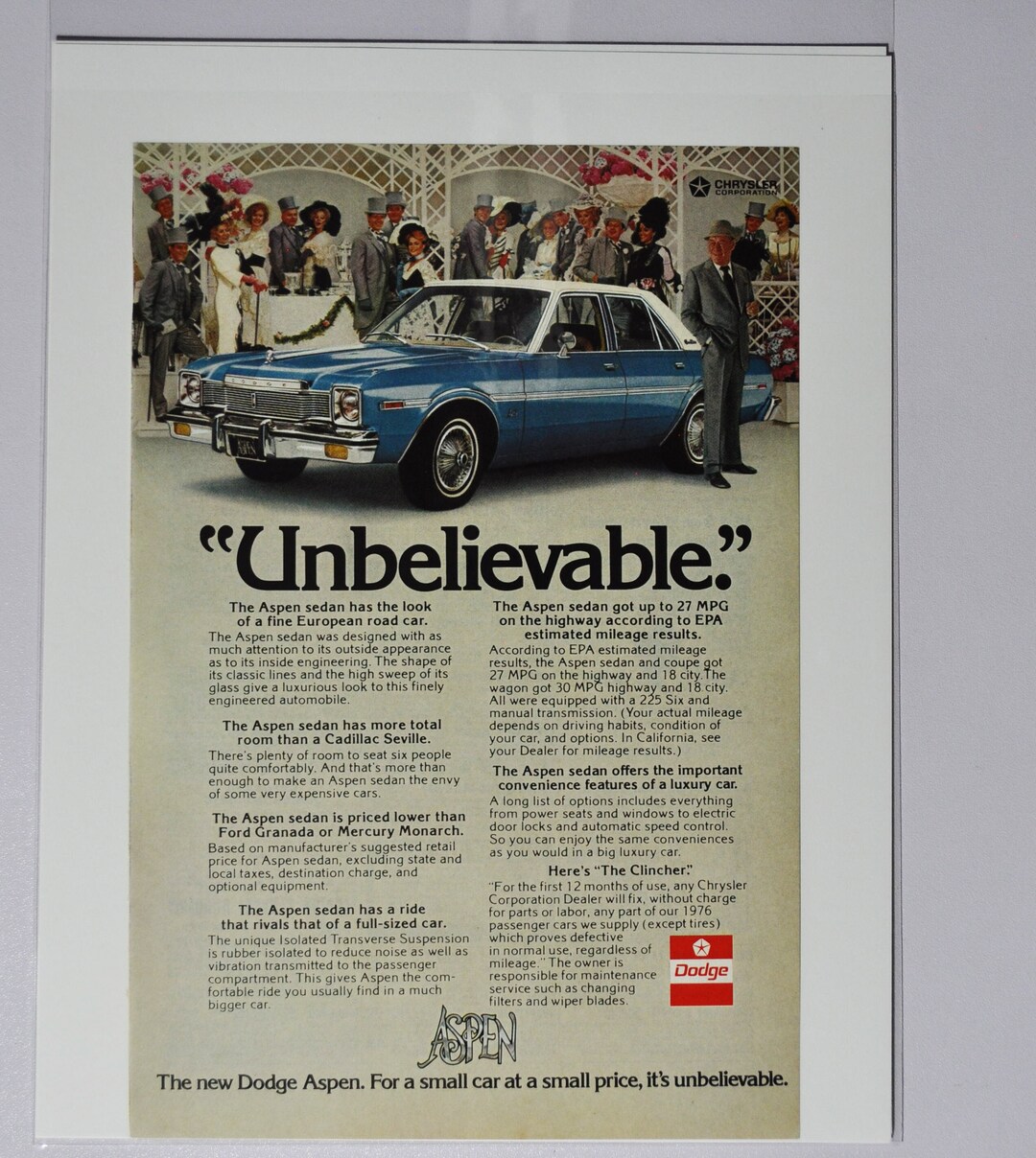 Car Ad 1976 Dodge Aspen Sedan (motor Company Classic Old Photo ...