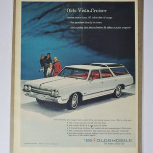 Grote autoadvertentie 1965 Oldsmobile Vista-Cruiser (GM General Motors klassieke oude fotoadvertentie onderdelen brochure afdrukken olds auto stationwagen)