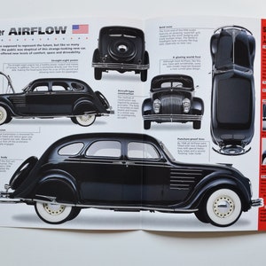 Folha de especificações Chrysler Airflow (1934-1937) (foto de fotos do carro, folheto de especificações, anúncio antigo retro vintage 1934 1935 1936 1937 sedan oldtimer preto)