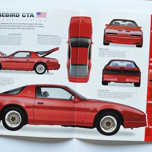 May include: A red 1991 Pontiac Firebird GTA sports car is shown from multiple angles. The car has a black interior and a black spoiler. The car is shown with the hood open, the trunk open, and from the front, back, and top views. The car's specifications are listed on the right side of the page.