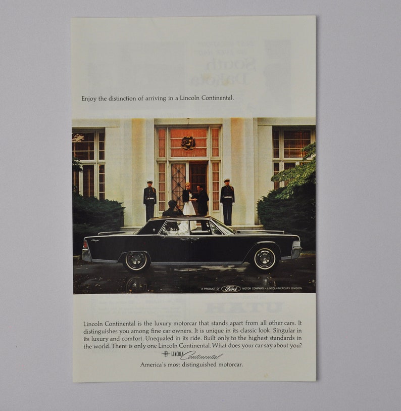 Lincoln Car Ad Vintage Original 1965 Lincoln Continental, Sedan, Ford Motor Company, luxury motorcar, classic old advertisement retro