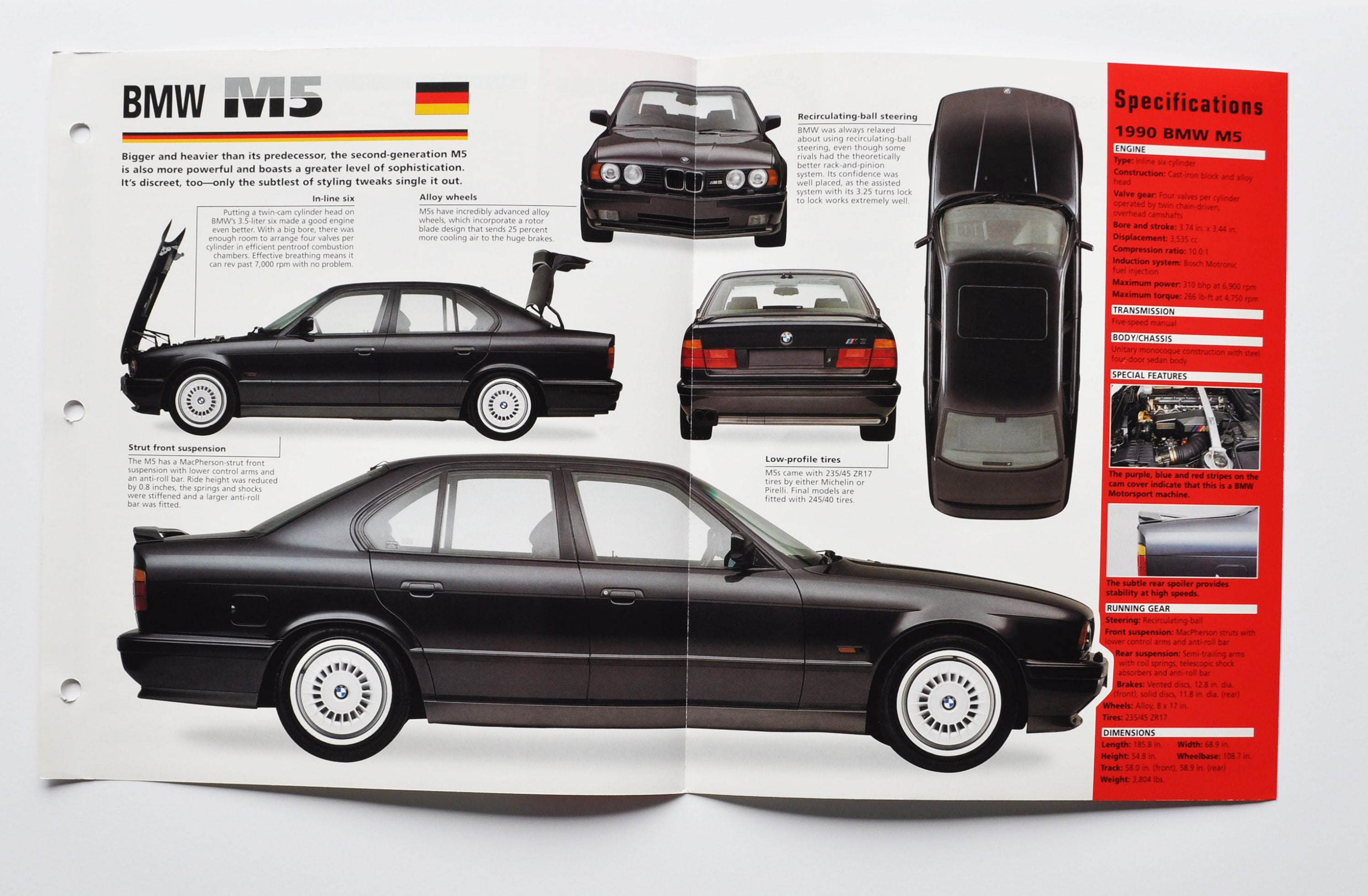 Spec Sheet BMW M5 (1988-1997) (car Photo Stat Info Specs Brochure