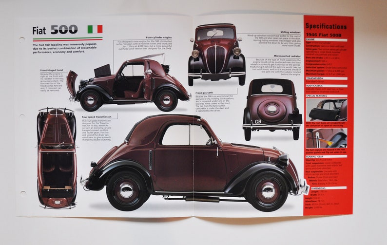 1936-1955 car photo stat info specs brochure parts ad print old vintage race race engine sports italy turin auto Spec Sheet Fiat 500