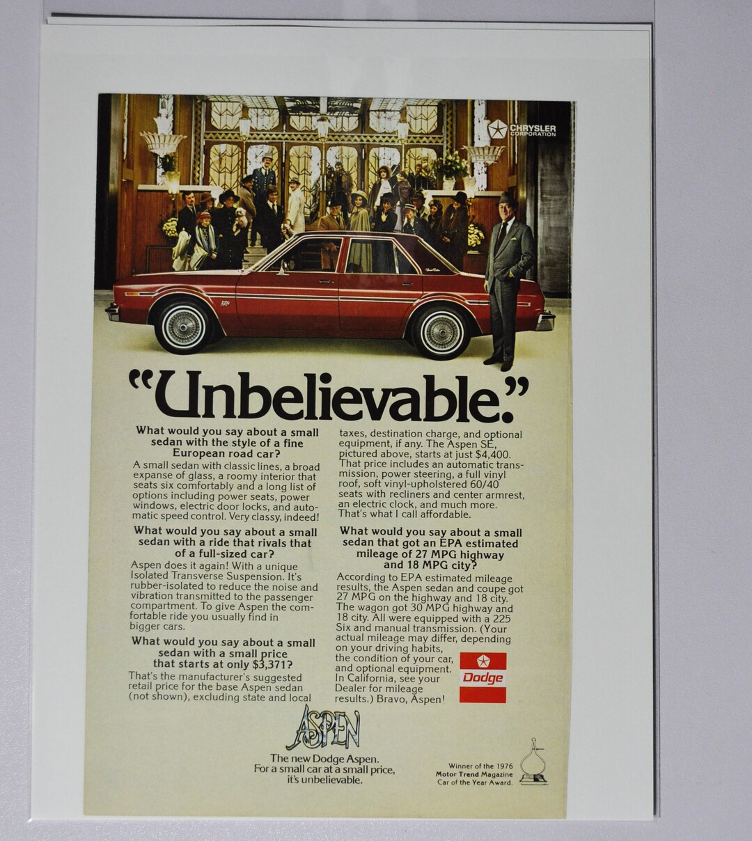 Car Ad 1976 Dodge Aspen SE (motor Company Classic Old Photo ...