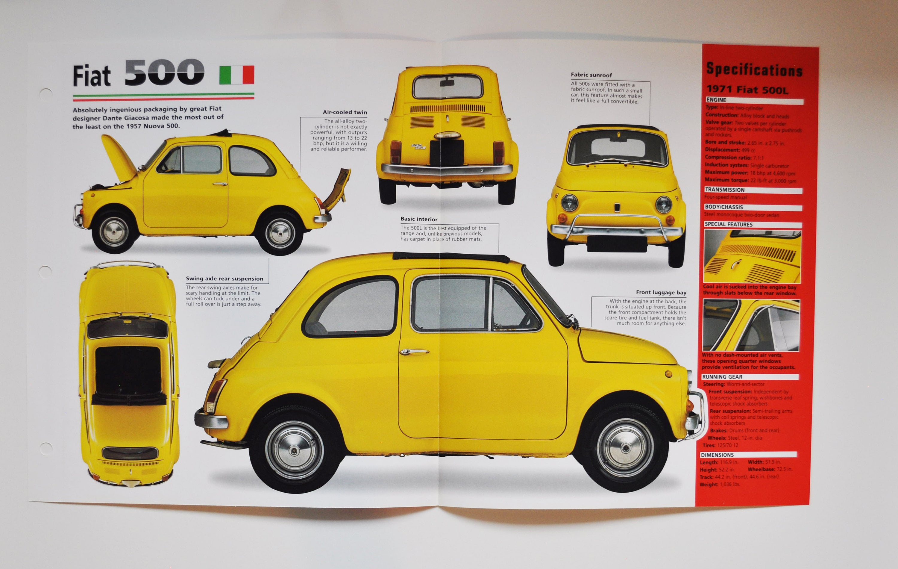 Spec Sheet Fiat 500 (1957-1975) (car Photo Stat Info Specs