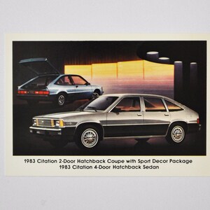 シボレー ポストカード - 1983 シテーション 2 ドア ハッチバック クーペ (自動車ディーラーの自動車販売店カード、古いゼネラルモーターズ GM シボレー トラックの広告)