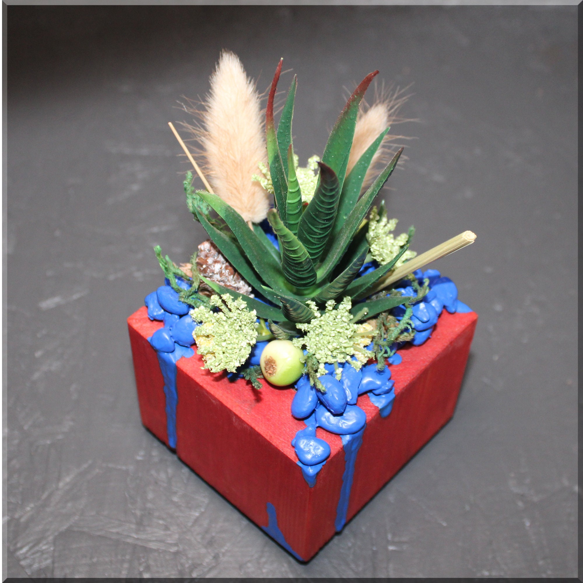 Cosmic Box Faux Succulent Floral Arrangement w/Handcrafted Wooden Planter - Green Goblin mini Cosmic Box Faux Succulent Floral Arrangement w/Handcrafted Wooden Planter - Green Goblin mini