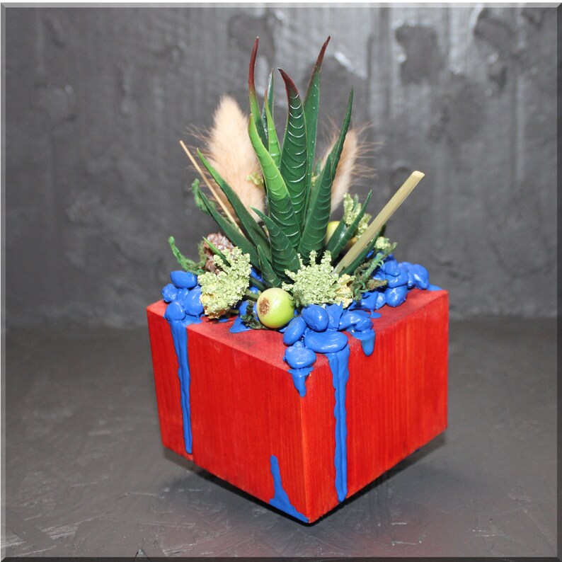 Cosmic Box Faux Succulent Floral Arrangement w/Handcrafted Wooden Planter - Green Goblin mini Cosmic Box Faux Succulent Floral Arrangement w/Handcrafted Wooden Planter - Green Goblin mini