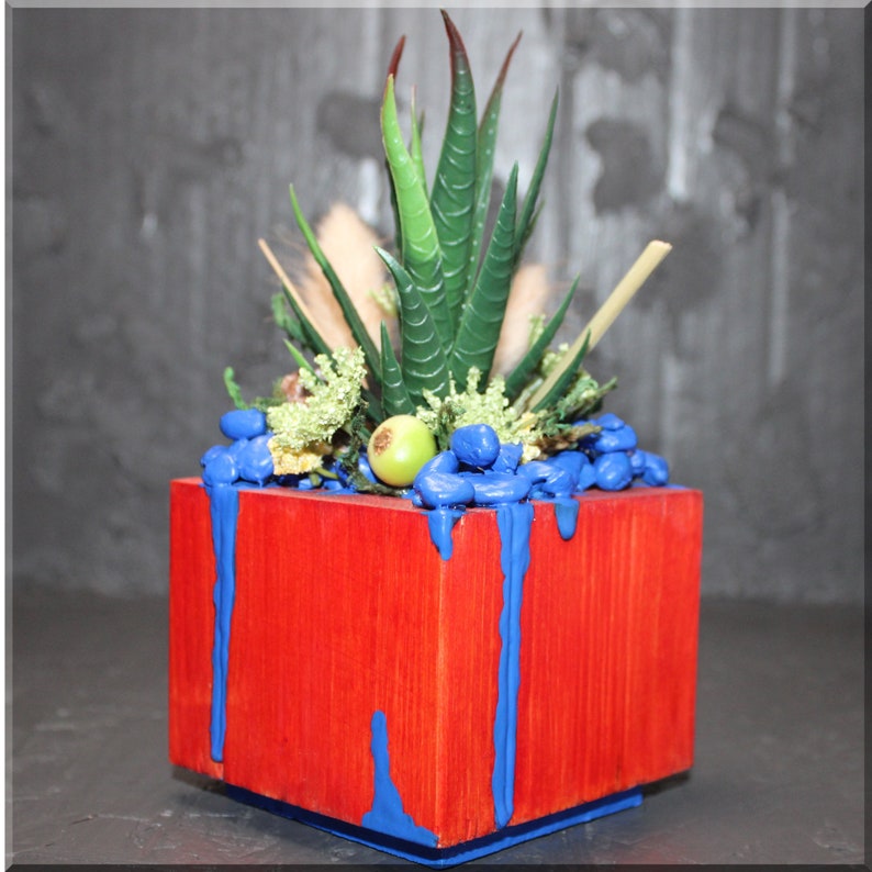 Cosmic Box Faux Succulent Floral Arrangement w/Handcrafted Wooden Planter - Green Goblin mini Cosmic Box Faux Succulent Floral Arrangement w/Handcrafted Wooden Planter - Green Goblin mini