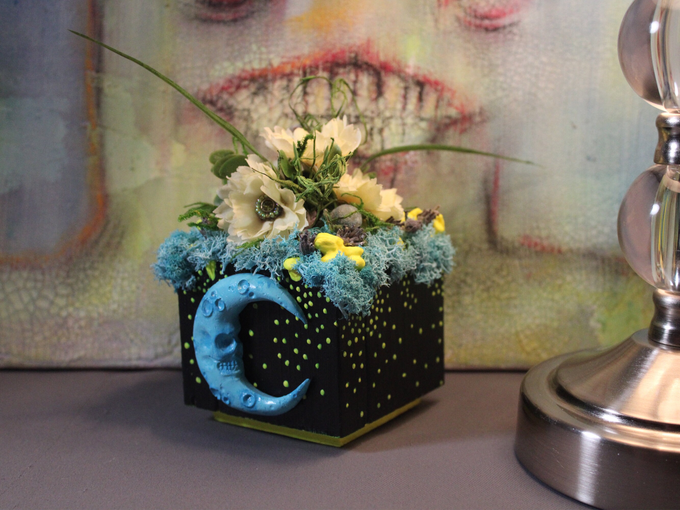Cosmic Box Faux Succulent Floral Arrangement w/Handcrafted Wooden Planter - Green Goblin mini Cosmic Box Faux Succulent Floral Arrangement w/Handcrafted Wooden Planter - Green Goblin mini