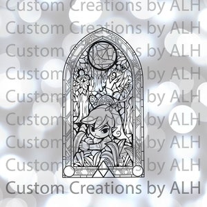 May include: Black and white line art illustration of a stained glass window featuring a character from the Legend of Zelda video game series. The character is standing in a forest setting with trees, leaves, and vines. The window is framed with a decorative border.