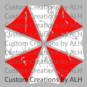 May include: A red and white umbrella logo with a distressed, worn look. The logo is a stylized umbrella with six points. The text "Custom Creations by ALH" is repeated multiple times around the logo.
