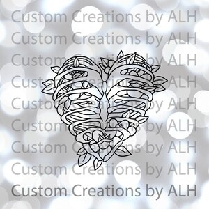 May include: A black and white line drawing of a ribcage in the shape of a heart, surrounded by flowers and leaves.