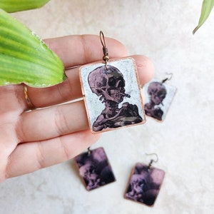 Skeleton with a Burning Cigarette, Vincent Van Gogh earrings, Van Gogh painting, Van Gogh art , artistic earrings, decoupage, copper