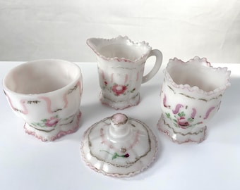 Vintage Milk Glass Creamer Sugar Bowl Spoon Holder Set | Hand Painted Roses | Ruffled Edge | Cottagecore