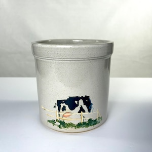 Vintage Rawson Artworks Pottery Cow Crock Folk Art Stoneware Utensil Holder Sterling Illinois
