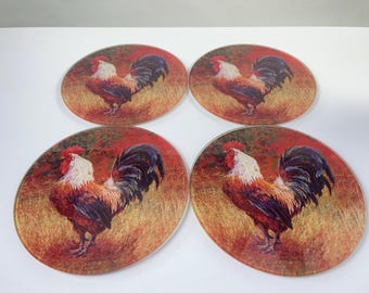 Laurie Snow Hein Rooster Glass Trivet Set of 4 Farmhouse Kitchen Decor French Country Signed Art
