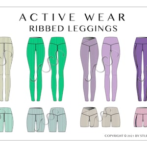 ACTIVE WEAR Leggings - Fashion Design CAD - Technical Vector Flat Sketches - Editable in Adobe Illustrator - Instant Download