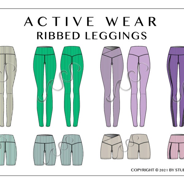 ACTIVE WEAR Leggings - Fashion Design CAD - Technical Vector Flat Sketches - Editable in Adobe Illustrator - Instant Download