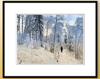 Hi-rez image ~ figure on a snowy path ~ forest of tangled branches and trees in hoarfrost. Download & print wall art, Christmas cards, xmas