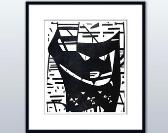 Cheshire Cat Expressionist woodcut digital print for immediate download and self-printing
