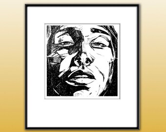 Woodcut ~ Portrait, expressionist. High fidelity artwork available for immediate download. Print and display as wall art, greeting cards.