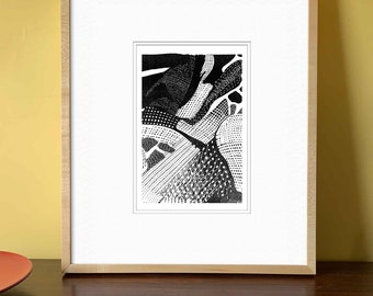 Abstract Print rendered in black and white detail with appearance of a wood engraving block print. A high fidelity file ready for download.