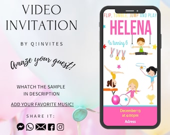 May include: A digital video invitation on a smartphone screen. The invitation features the name "Helena" in pink, gymnastics illustrations, and event details. Text includes "Flip, Tumble, Jump and Play" and "Amaze your guest!"