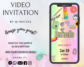 May include: A digital invitation on a smartphone screen with a colorful VSCO theme. The invitation includes the name "Rafaella", age "9", and party details. Text includes "Video Invitation", "Amaze your guest!", and "VSCO Party".