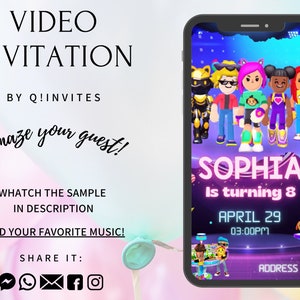 Puede incluir: Un smartphone muestra una colorida invitación en video para el cumpleaños número 8 de Sofía. La invitación, de Q!Invites, presenta personajes de dibujos animados y el texto "Sofía cumple 8 años, 29 de abril, 15:00".