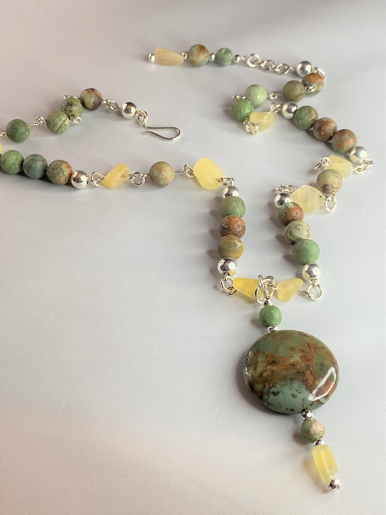 Green Opal Necklace African Green Opal Jasper and Fluorite 26 inch Necklace made with Hand Formed Argentium 935 Silver Chain and Links