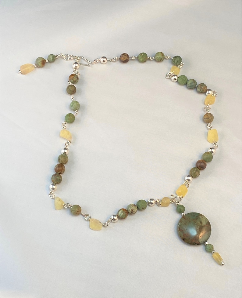 Green Opal Necklace African Green Opal Jasper and Fluorite 26 inch Necklace made with Hand Formed Argentium 935 Silver Chain and Links
