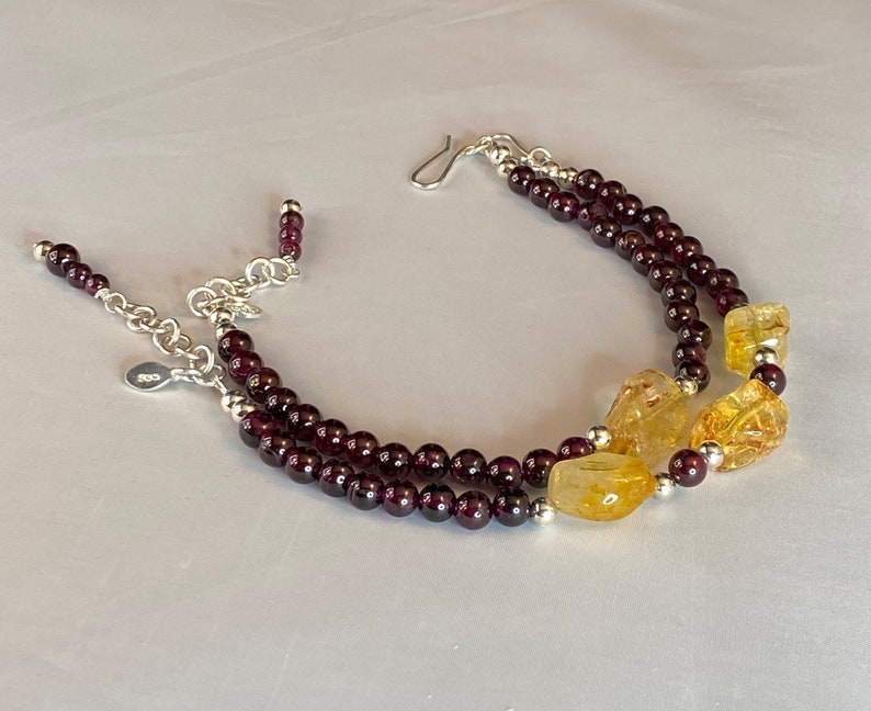 Citrine and Garnet Bracelet Citrine Nuggets and 6mm Garnet Gemstones with a 18 Gauge Hand Forged Argentium 935 Silver Chain and Clasp