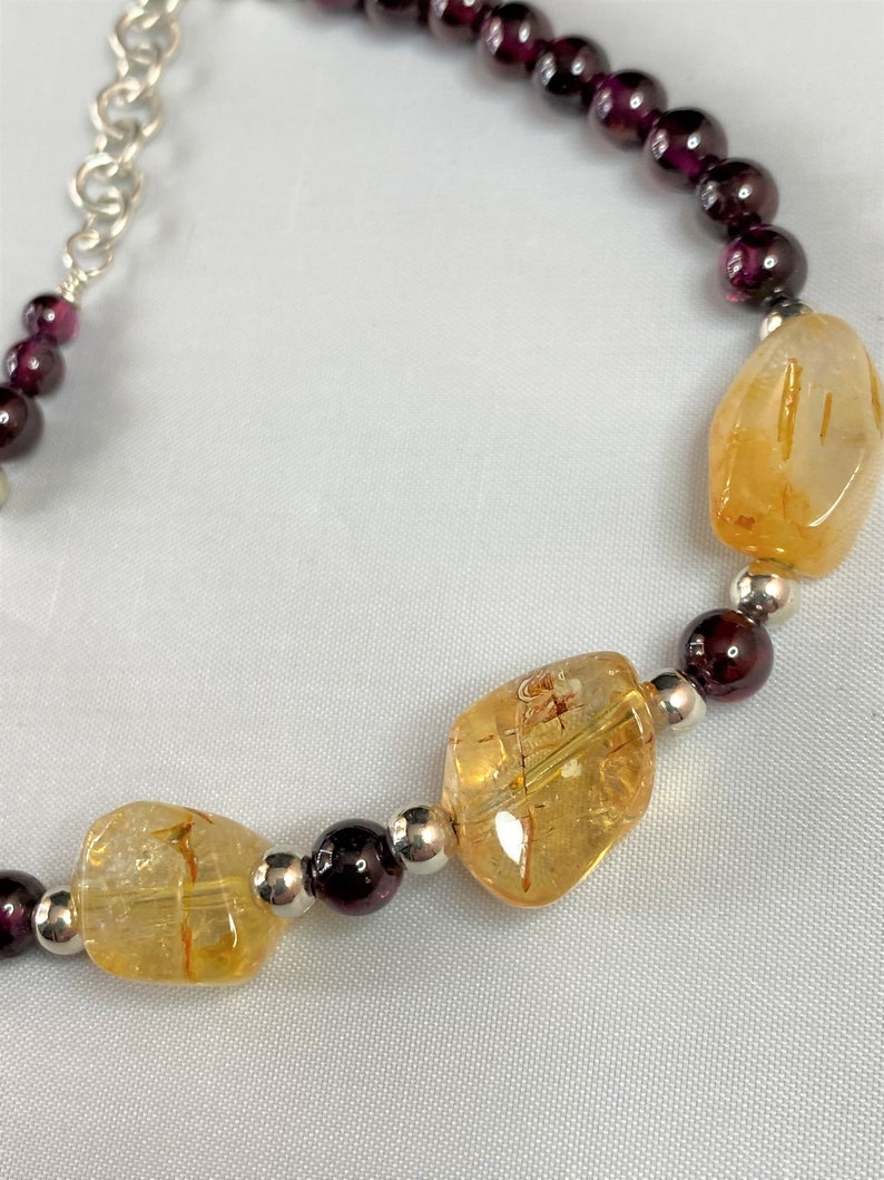 Citrine and Garnet Bracelet Citrine Nuggets and 6mm Garnet Gemstones with a 18 Gauge Hand Forged Argentium 935 Silver Chain and Clasp